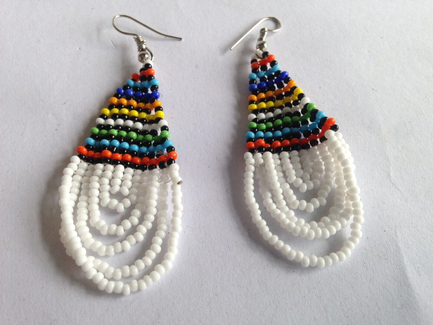 Set of 4 Earrings African Hand-Crafted Ethnic Jewelry Masai Glass Beaded White