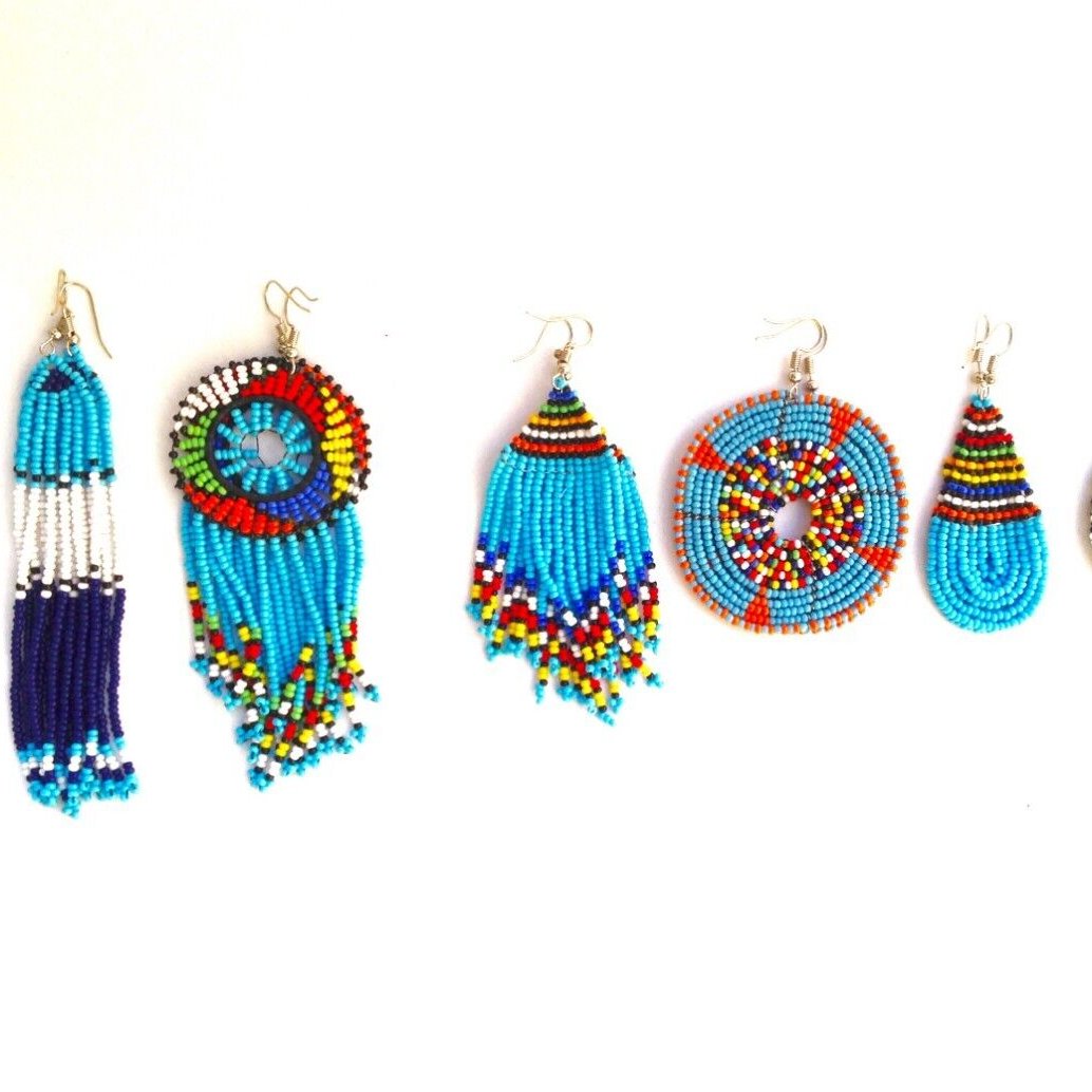 Set of 7 Earrings African Hand-Crafted Ethnic Jewelry Masai Glass Beaded Blue