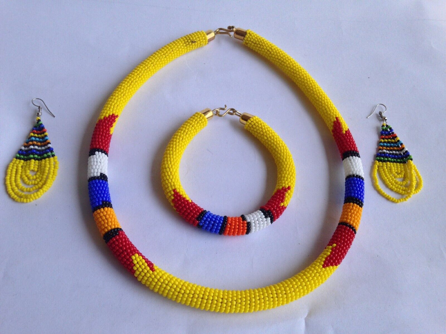 Set of Earrings Bracelet Choker Hand-Crafted Ethnic African Masai Jewelry Yellow