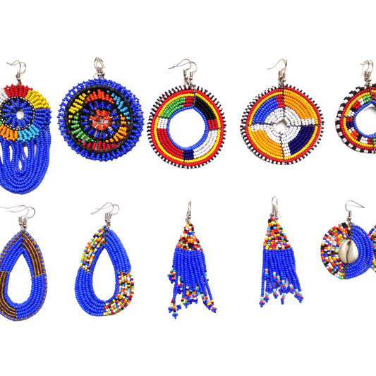 Set of 10 Earrings African Hand-Crafted Ethnic Jewelry Masai Glass Beads Blue