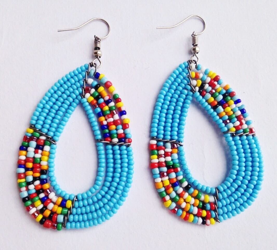 African Kenyan Hand-Crafted Ethnic Jewelry Colorful Masai Glass Beaded Earrings