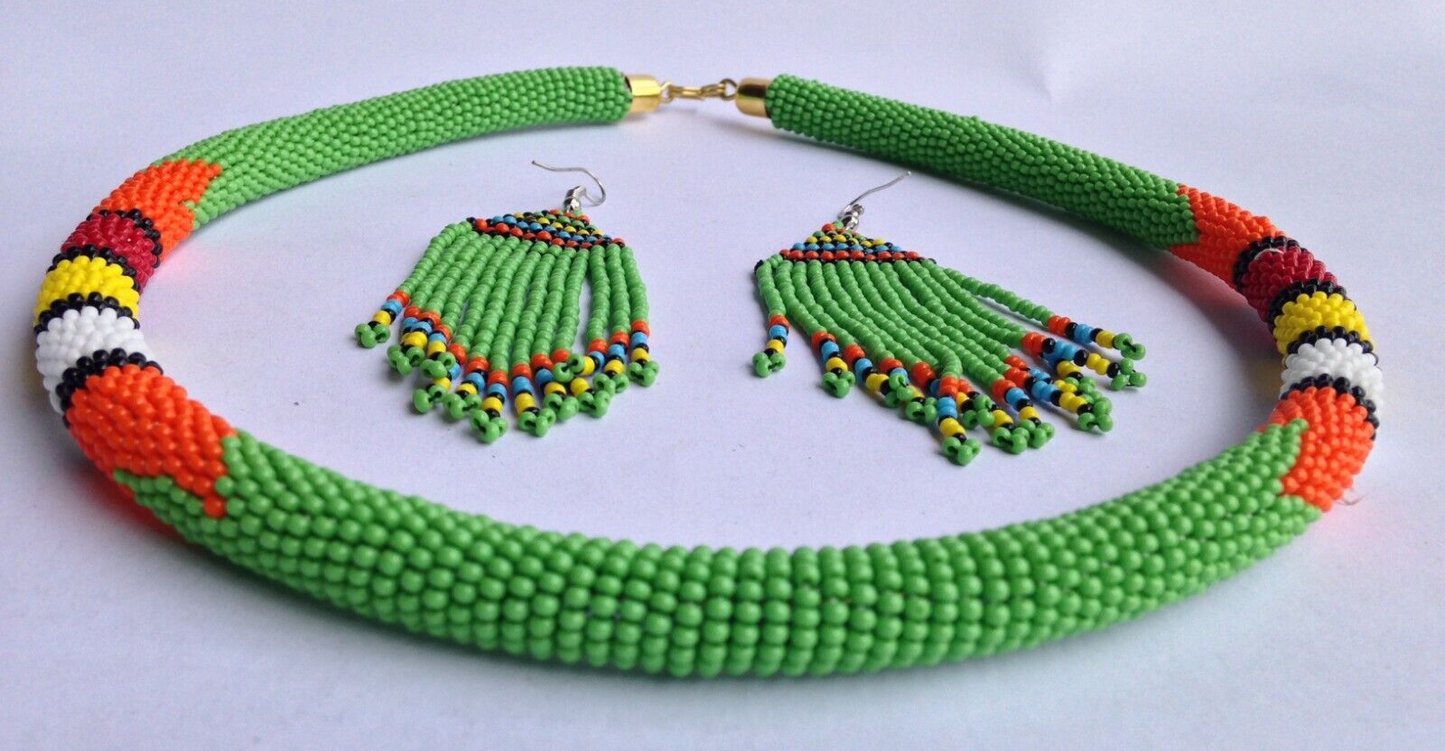 Set of Earrings Bracelet Choker Hand-Crafted Ethnic African Masai Jewelry Green