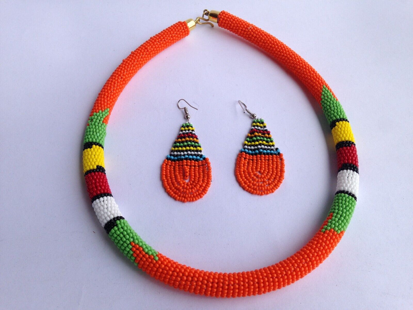 Set of Earrings Bracelet Choker Hand-Crafted Ethnic African Masai Jewelry Orange