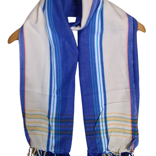 Kikoi Vibrant Gift 100% Cotton Ethnic Blue Cream Tassels Scarf Beach Wrap Kenya