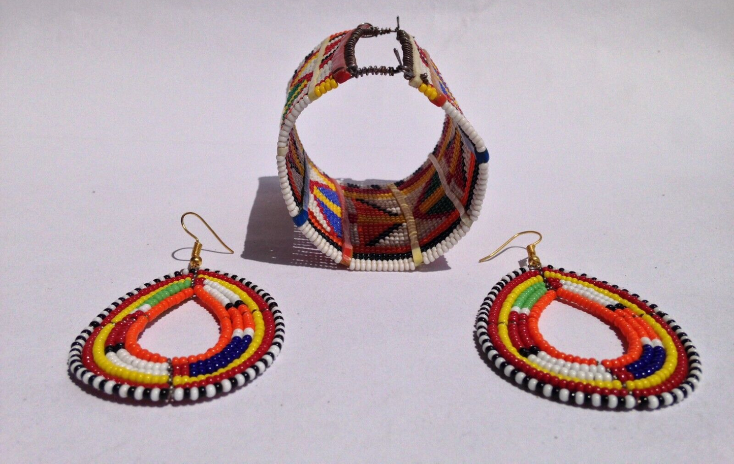 Set of Earrings Bracelet Hand-Crafted Ethnic African Traditional Masai Jewelry