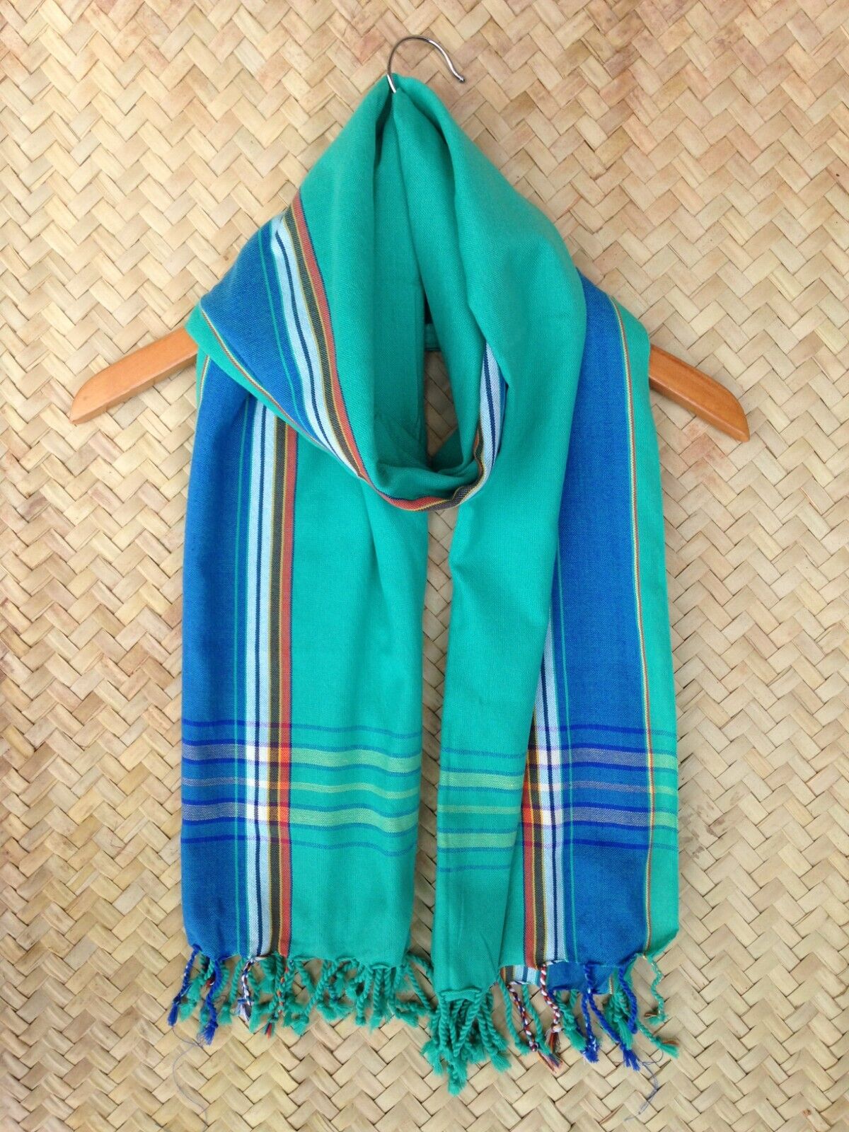 Kikoi Vibrant Gift 100% Cotton Ethnic Teal Green Tassels Scarf Beach Wrap Kenyan Made