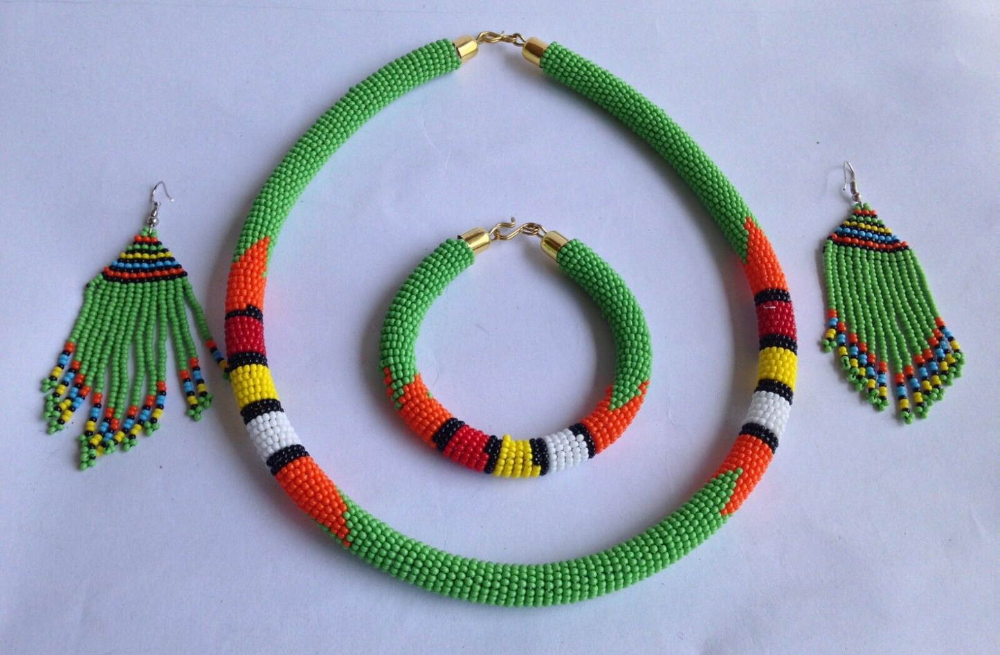 Set of Earrings Bracelet Choker Hand-Crafted Ethnic African Masai Jewelry Green