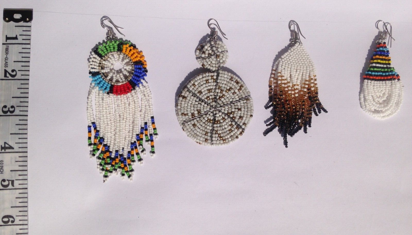 Set of 4 Earrings African Hand-Crafted Ethnic Jewelry Masai Glass Beaded White