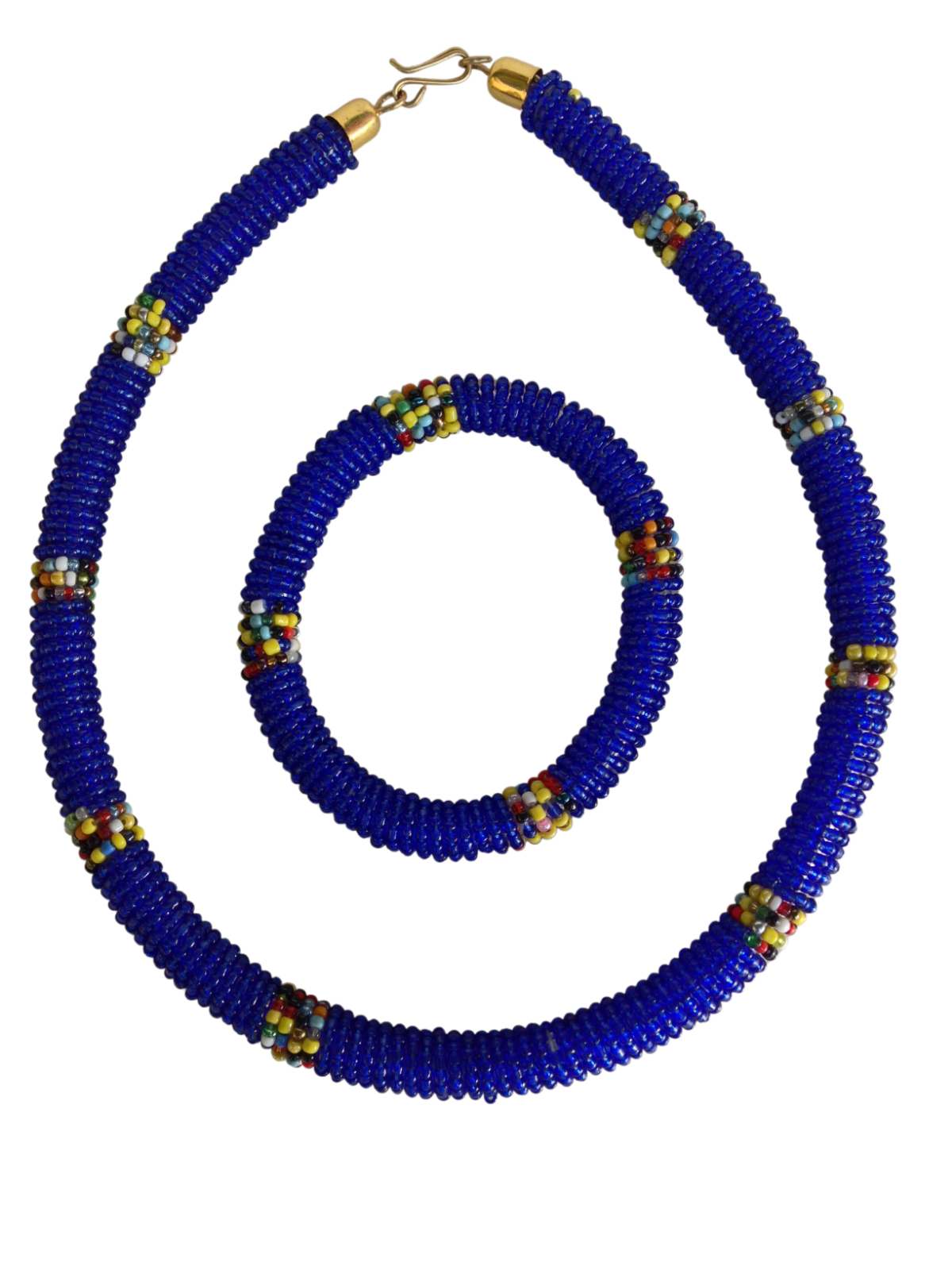 Set of Bracelet Choker Hand-Crafted Ethnic African Masai Jewelry Blue