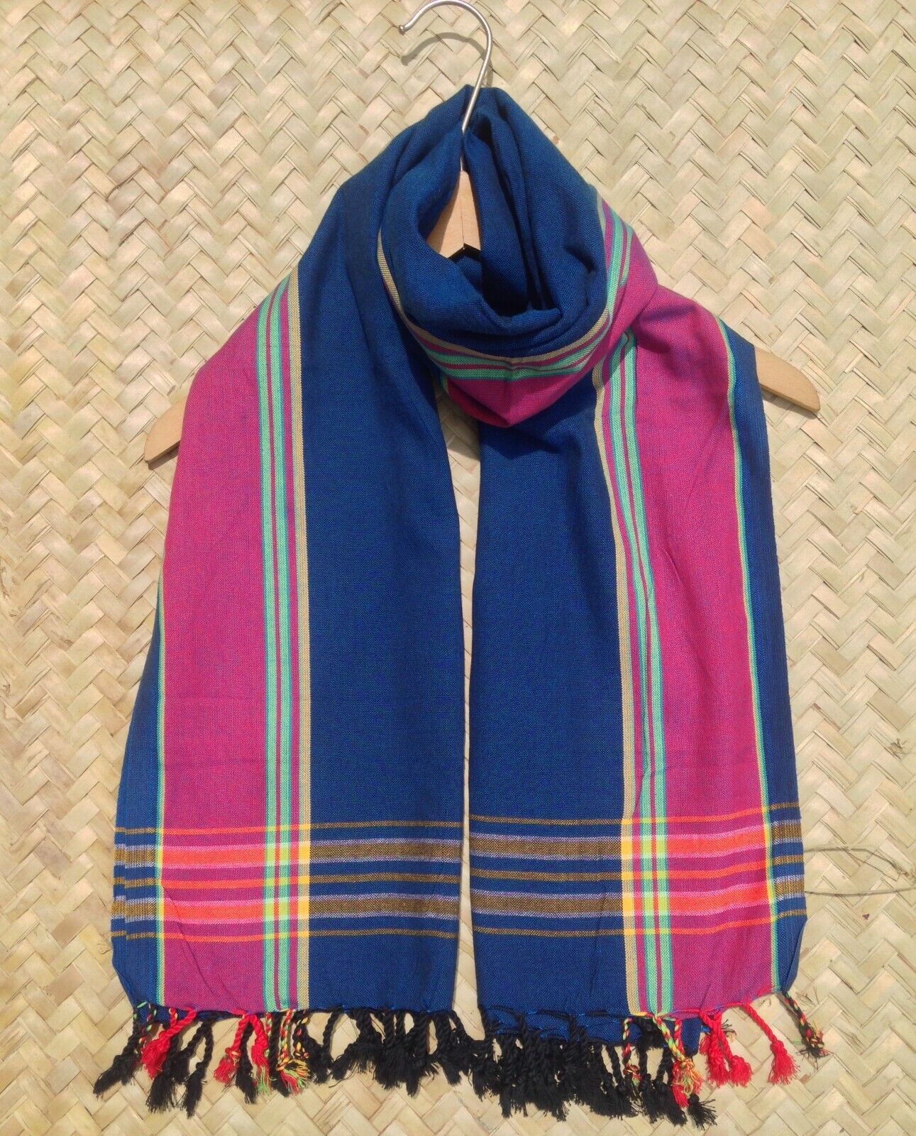 Kikoi Vibrant Gift 100% Cotton Ethnic Navy Blue Tassels Scarf Beach Wrap Kenya