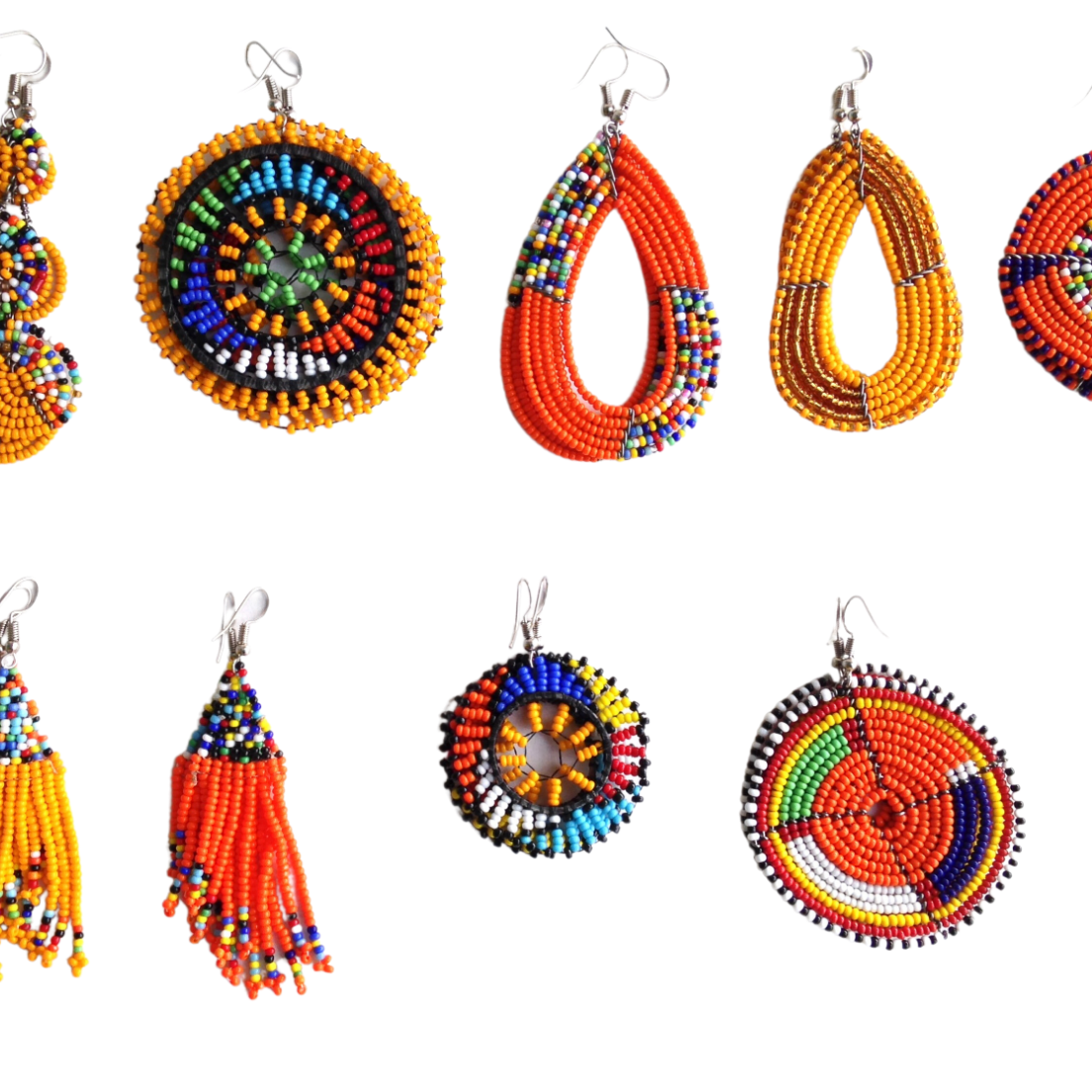 Set of 9 Earrings African  Hand-Crafted Ethnic Jewelry Masai Glass Beaded Orange