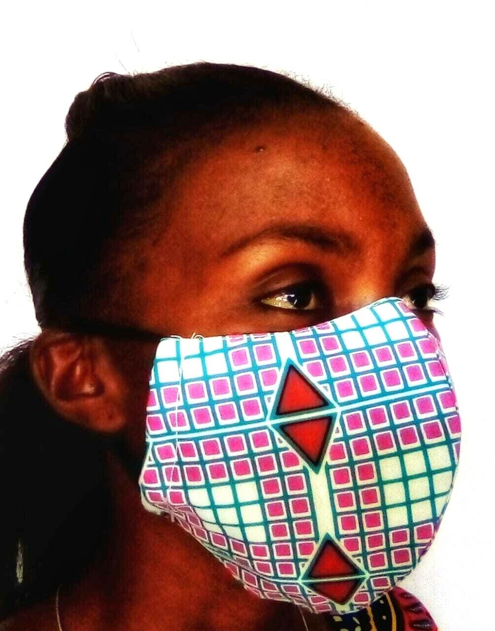 Face Mask Adult Unisex Washable Cotton African Print White Pink L Made in Kenya