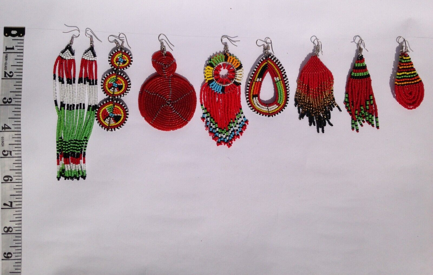 Set of 8 Earrings African Hand-Crafted Ethnic Jewelry Masai Glass Beaded  Red