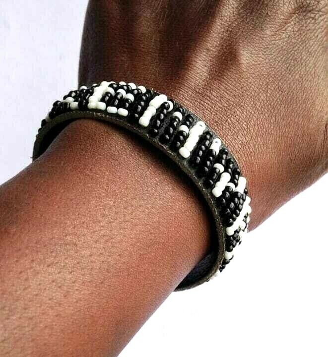 Wrist Band Bracelet Masai Beads Colorful African Unisex Leather Made in Kenya