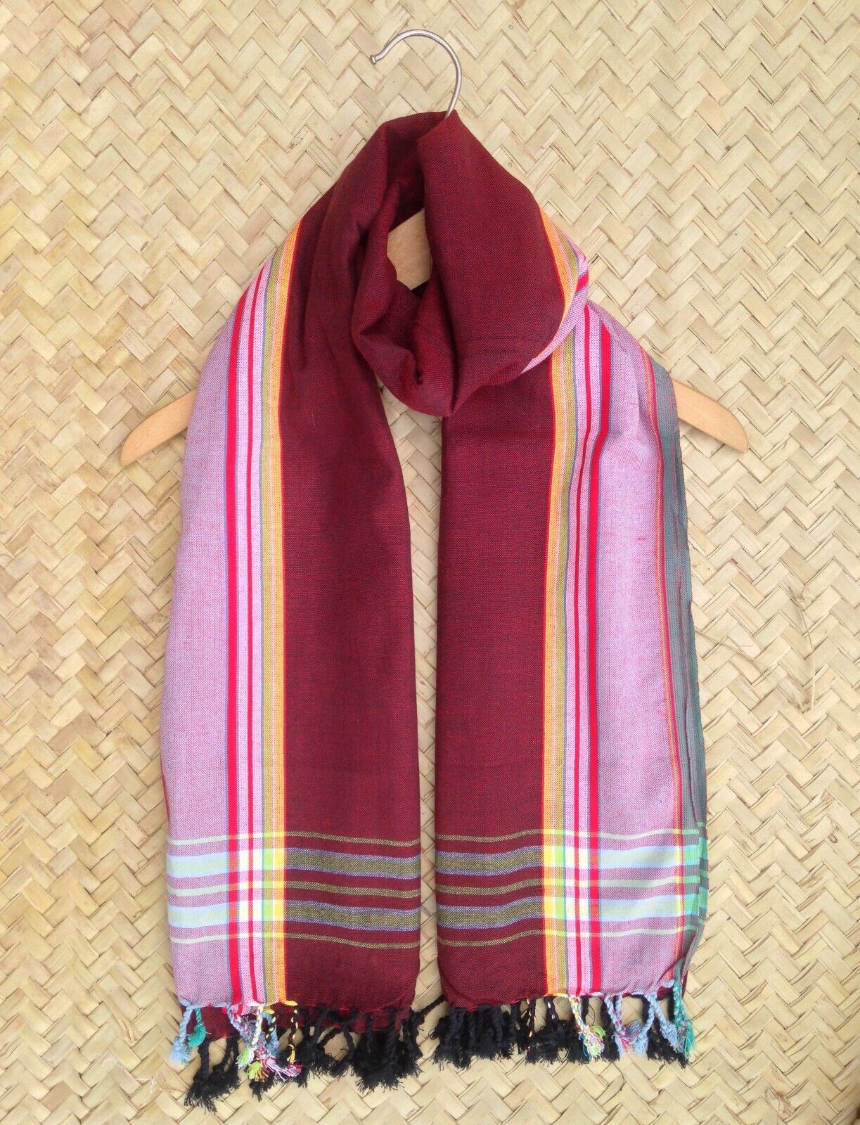 Kikoi Vibrant Gift 100% Cotton Ethnic Maroon Pink Tassels Scarf Beach Wrap Kenya