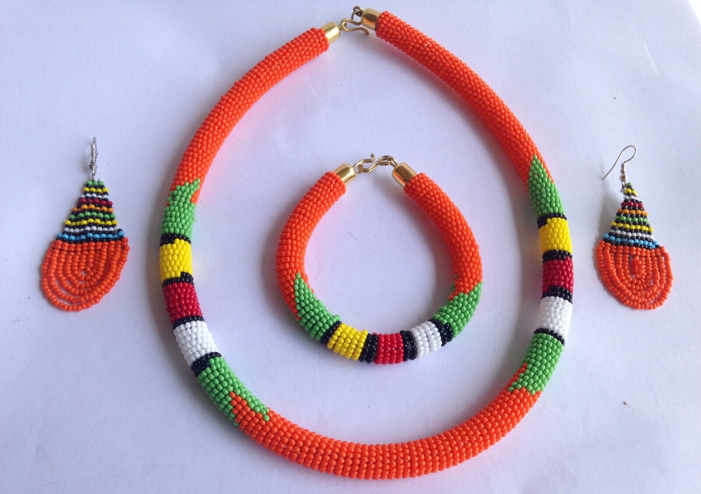 Set of Earrings Bracelet Choker Hand-Crafted Ethnic African Masai Jewelry Orange