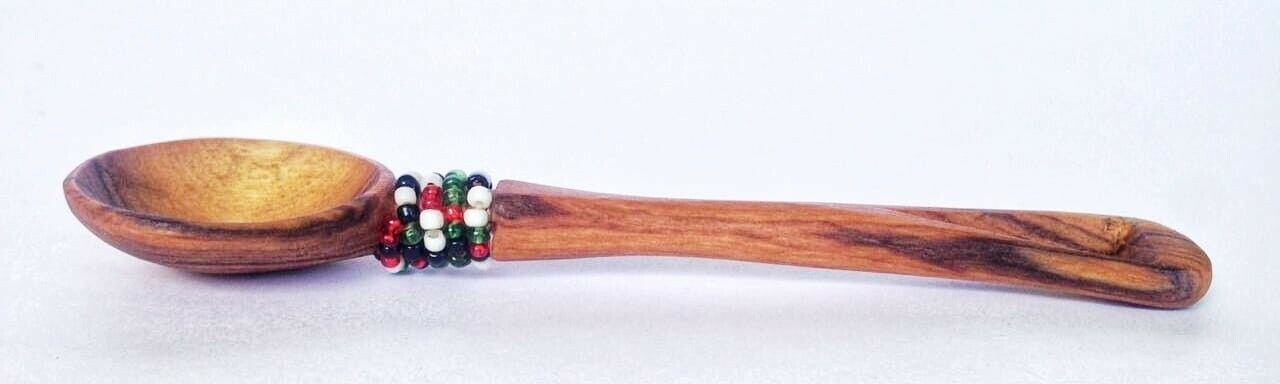 African Olive Wood Tea Spoon with Beads Ethnic Handmade in Kenya 5" Gift Home