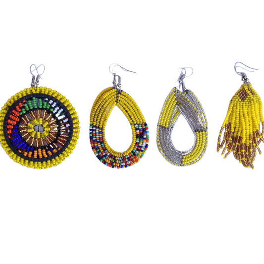 Set of 6 Earrings African Hand-Crafted Ethnic Jewelry Masai Glass Beads Yellow