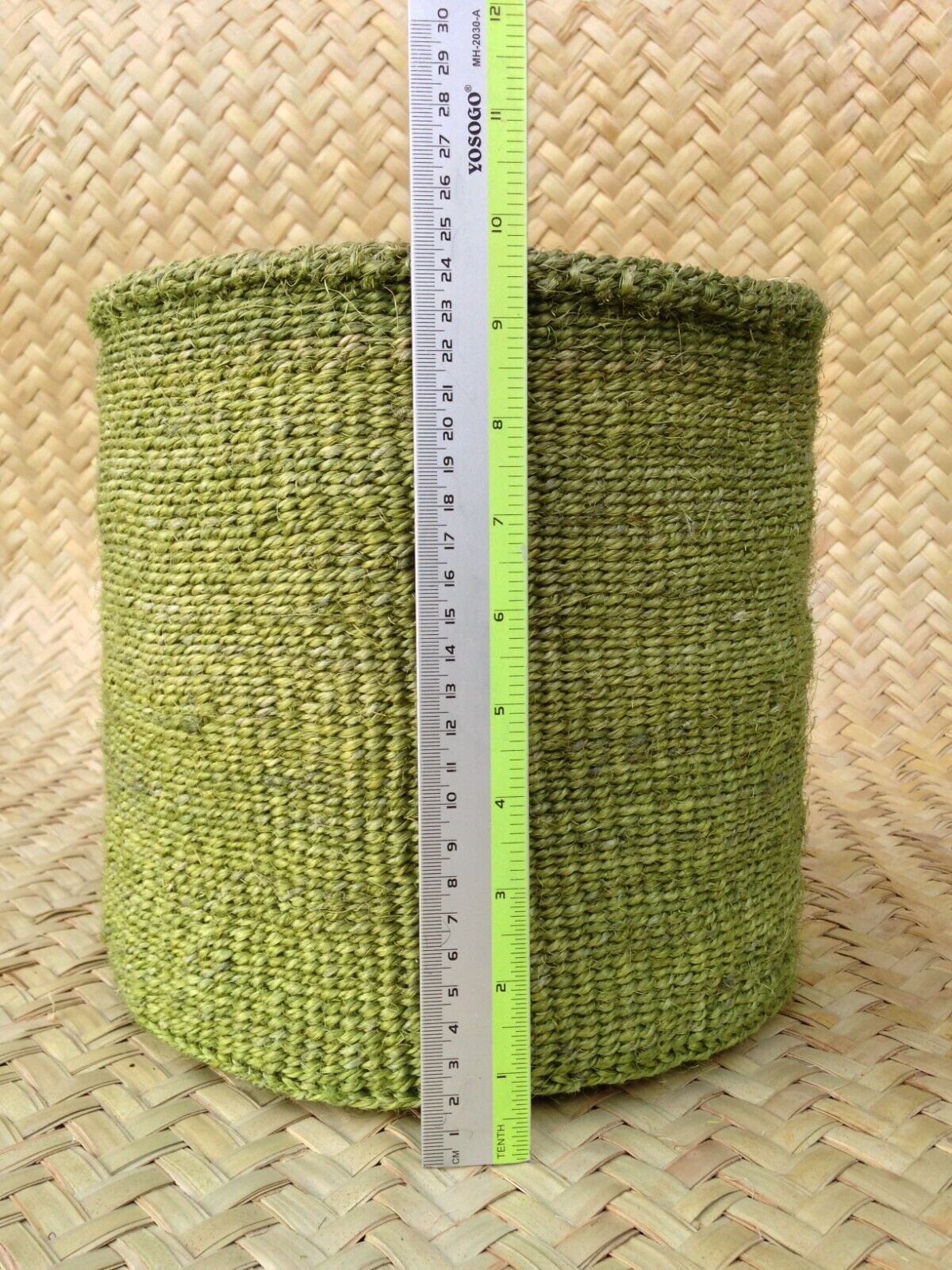 African Kiondo Basket Woven Sisal Storage Planter Kenyan Made 10.5 in/27cm Green