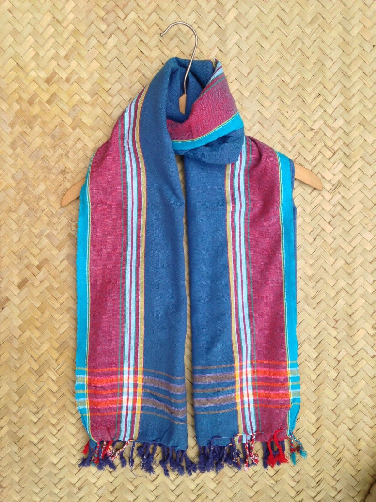 Kikoi Vibrant Gift 100% Cotton Ethnic Blue Red Tassels Scarf Beach Wrap Kenya