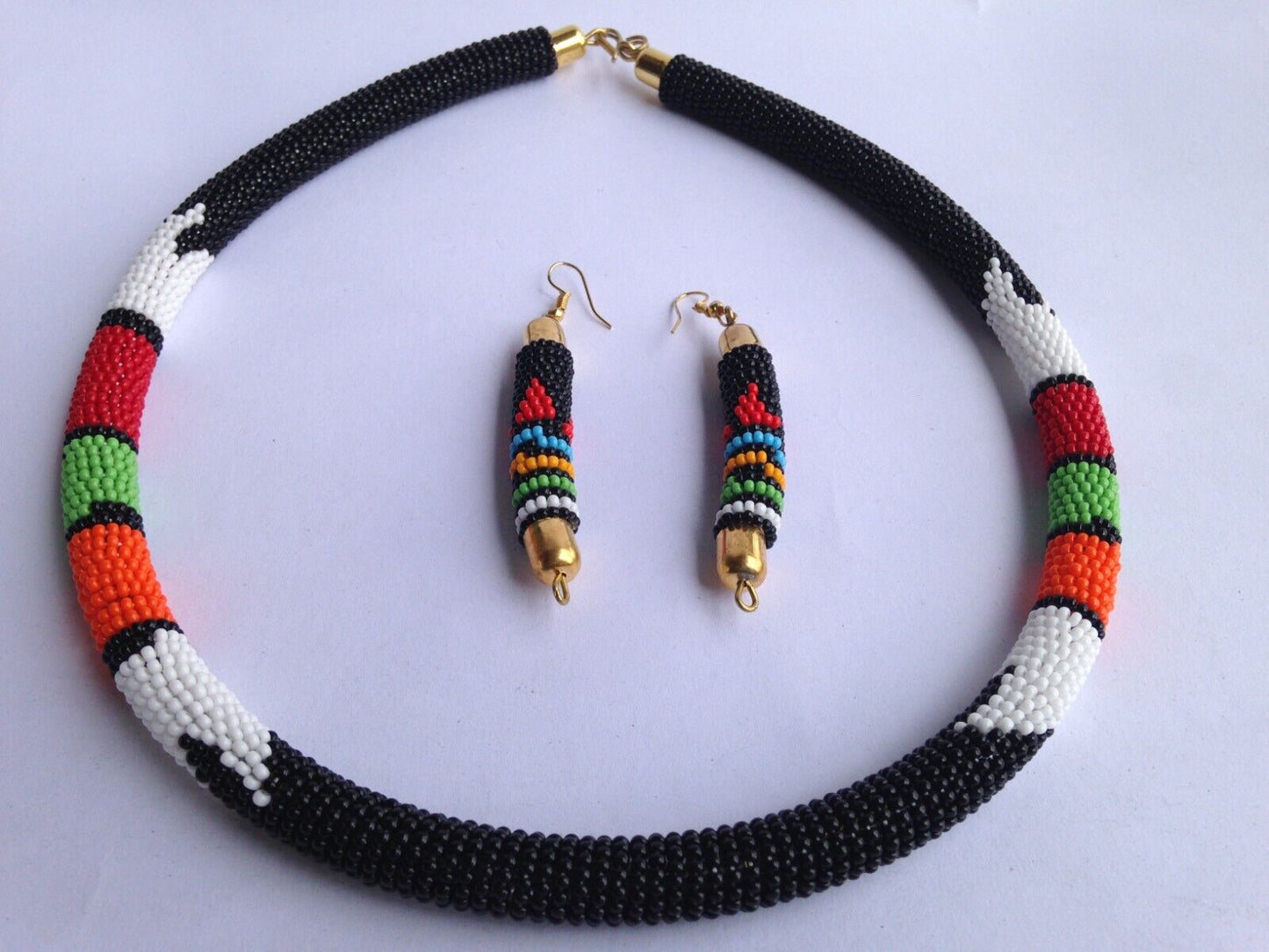 Set of Earrings Bracelet Choker Hand-Crafted Ethnic African Masai Jewelry Black