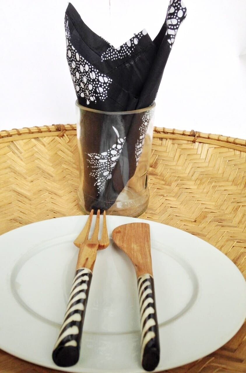 African Olive Wood Bone Knife 7" Fork 7.5"  set Ethnic Gift Home Made in Kenya