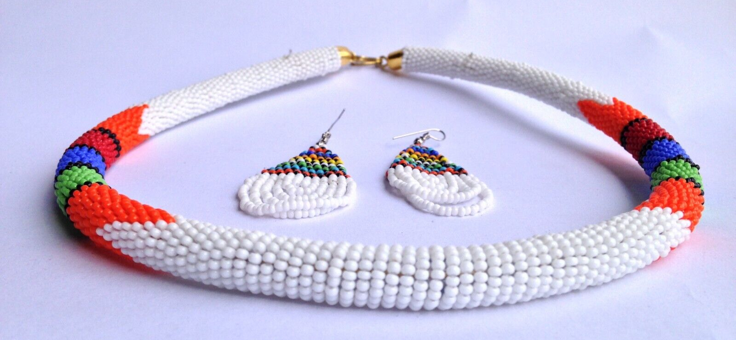 Set of Earrings Choker Hand-Crafted Ethnic African Masai Jewelry White