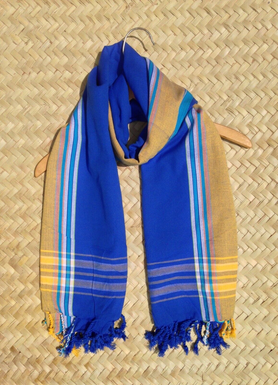 Kikoi Vibrant Gift 100% Cotton Ethnic Blue Tassels Scarf Beach Wrap Kenyan Made