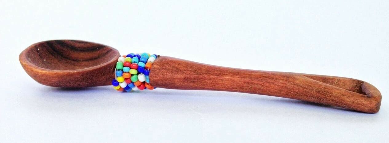 African Olive Wood Tea Spoon with Beads Ethnic Handmade in Kenya 4.5" Gift Home