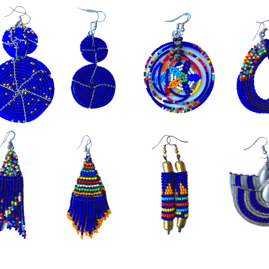 Set of 8 Earrings African Hand-Crafted Ethnic Jewelry Masai Glass Beads Blue