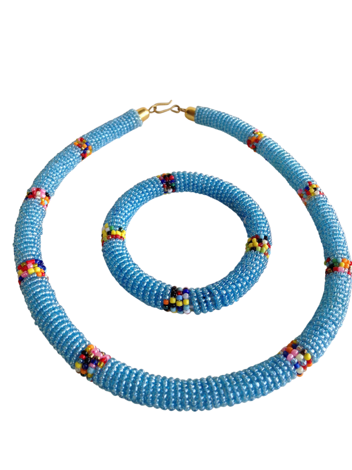 Set of Bracelet Choker Hand-Crafted Ethnic African Masai Jewelry Sky Blue