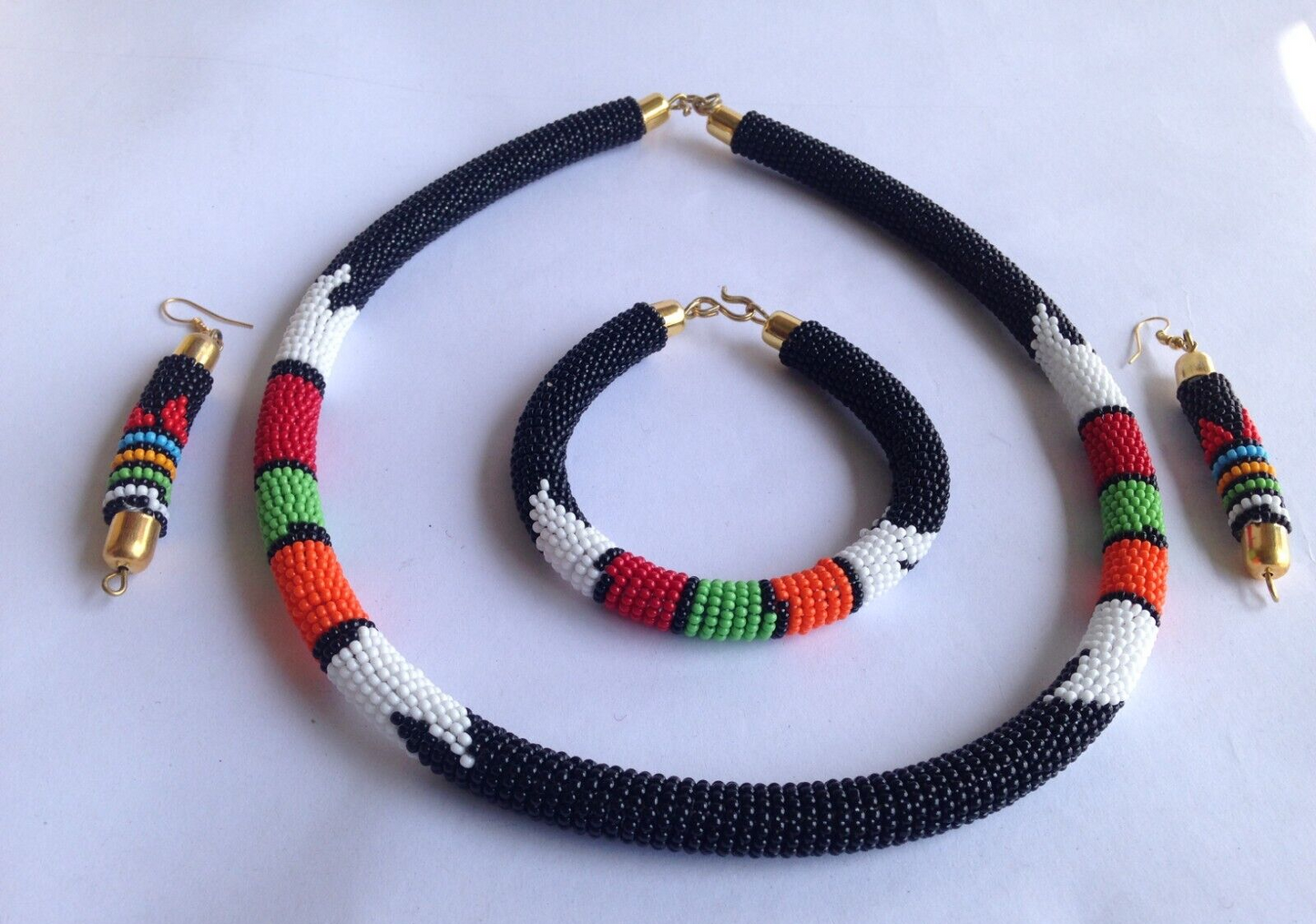 Set of Earrings Bracelet Choker Hand-Crafted Ethnic African Masai Jewelry Black