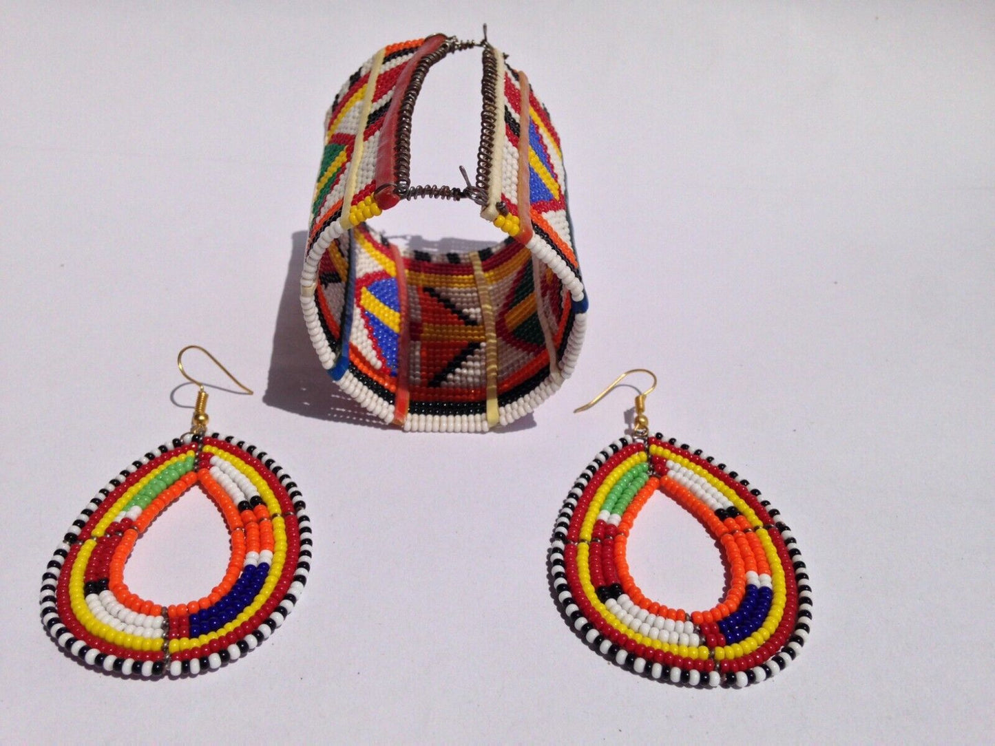 Set of Earrings Bracelet Hand-Crafted Ethnic African Traditional Masai Jewelry