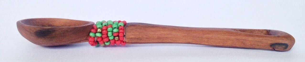 African Olive Wood Tea Spoon with Beads Ethnic Handmade in Kenya 5" Gift Home