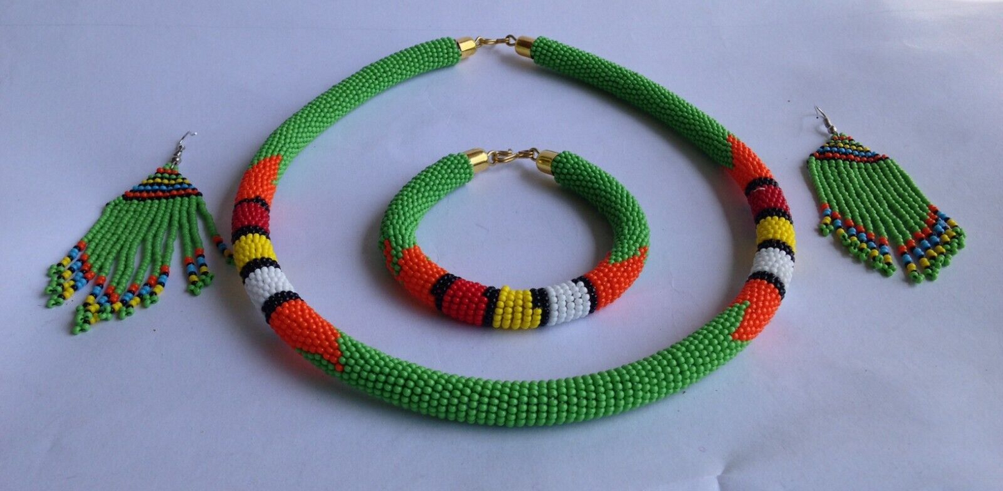 Set of Earrings Bracelet Choker Hand-Crafted Ethnic African Masai Jewelry Green