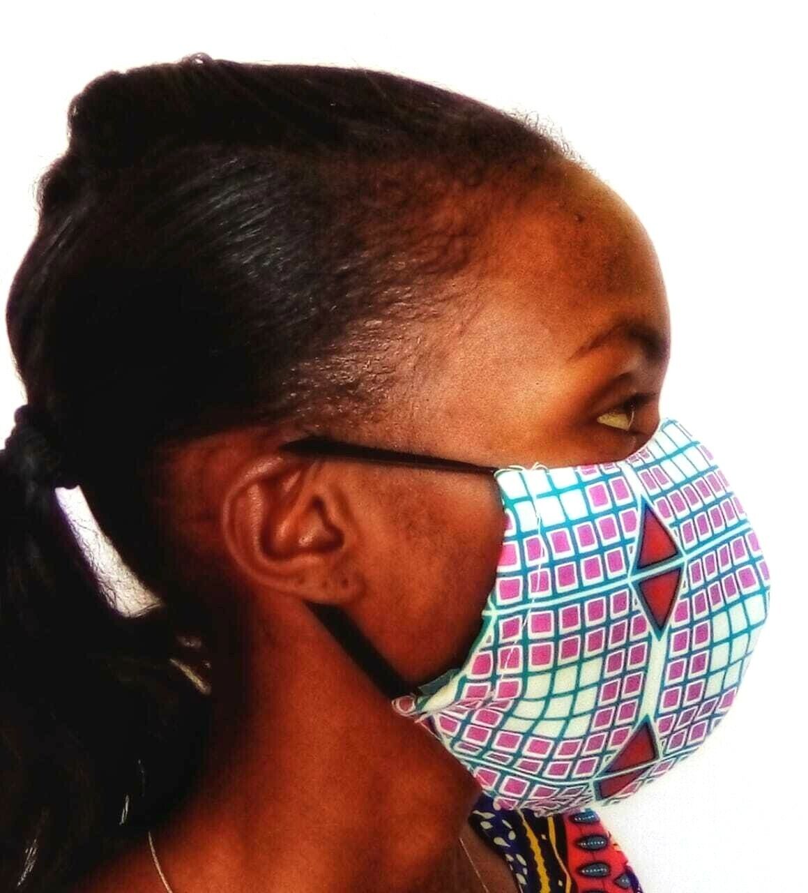 Face Mask Adult Unisex Washable Cotton African Print White Pink L Made in Kenya