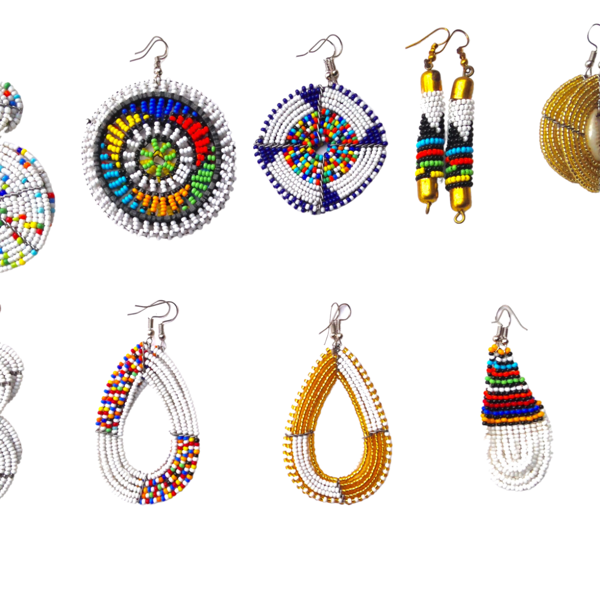 Set of 9 Earrings African Hand-Crafted Ethnic Jewelry Masai Glass Beads White