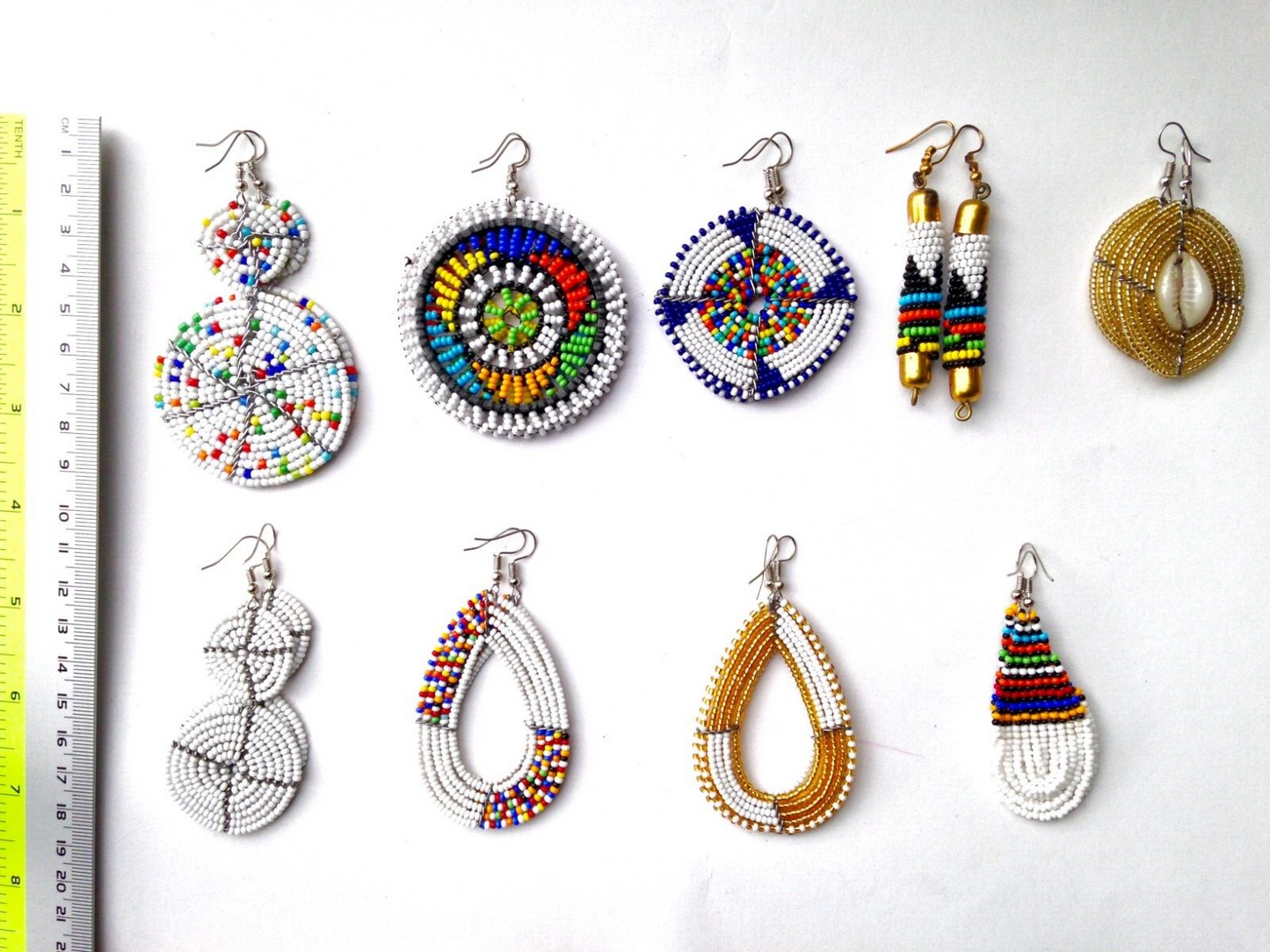 Set of 9 Earrings African Hand-Crafted Ethnic Jewelry Masai Glass Beads White