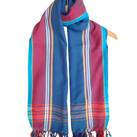 Kikoi Vibrant Gift 100% Cotton Ethnic Blue Red Tassels Scarf Beach Wrap Kenya