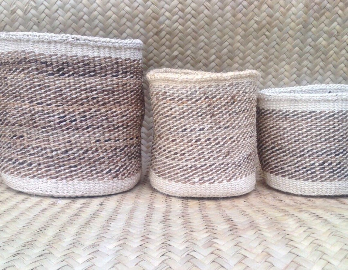 African Kiondo Basket Woven Sisal Storage Planter Kenyan Made Sizes 12", 10", 8"