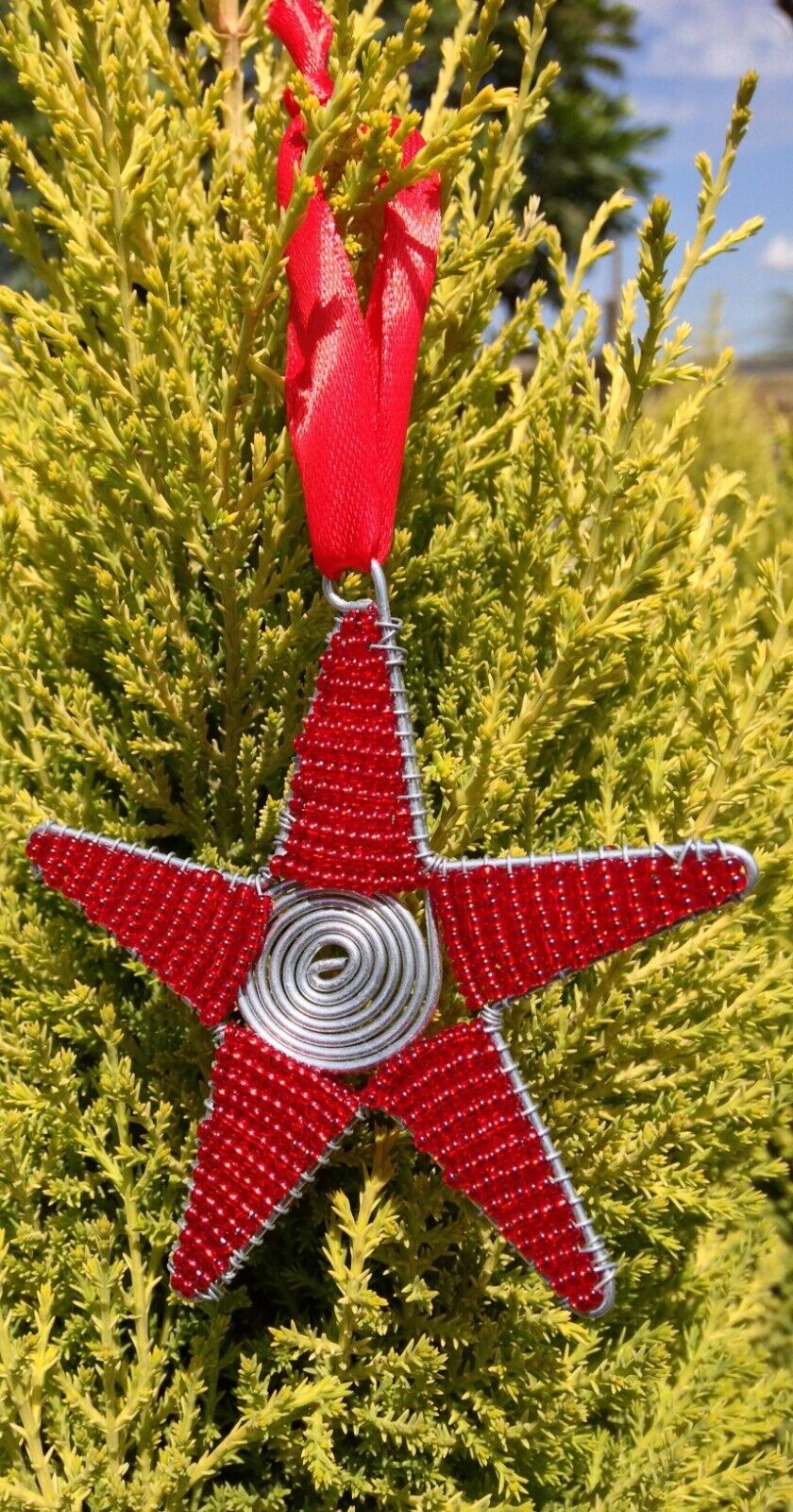 Christmas Ornaments Tree Hanging Decorations Star Red Pendant-Iron Glass Beads