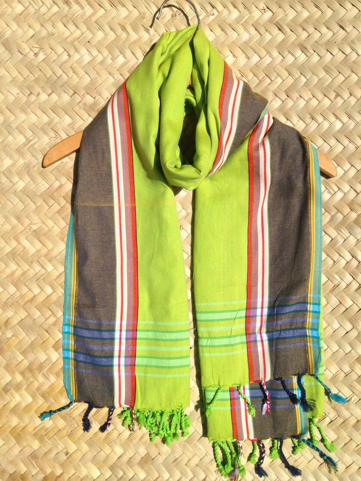 Kikoi Vibrant Gift 100% Cotton Ethnic Green Tassels Scarf Beach Wrap Kenyan Made