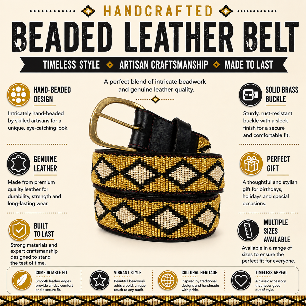 Handcrafted Maasai Belt - Cream Geometric