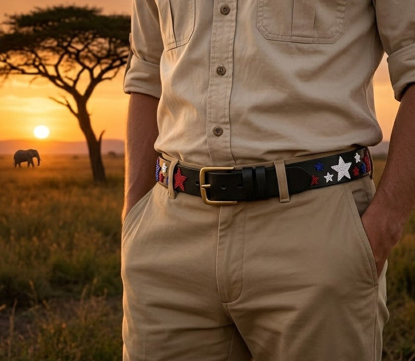Handcrafted Maasai Belt - Red White Blue Stars