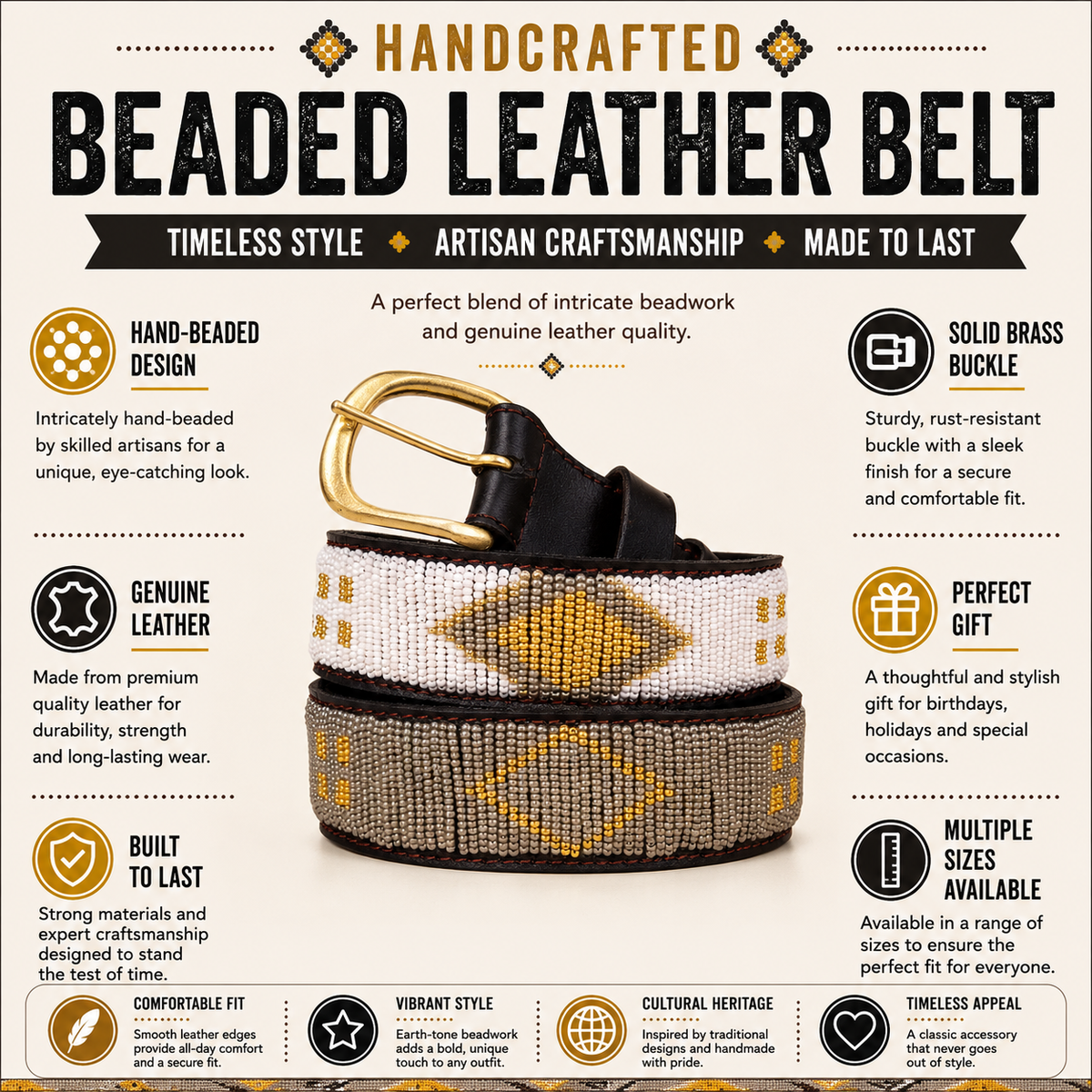 Handcrafted Maasai Belt - Gold Ivory Geometric