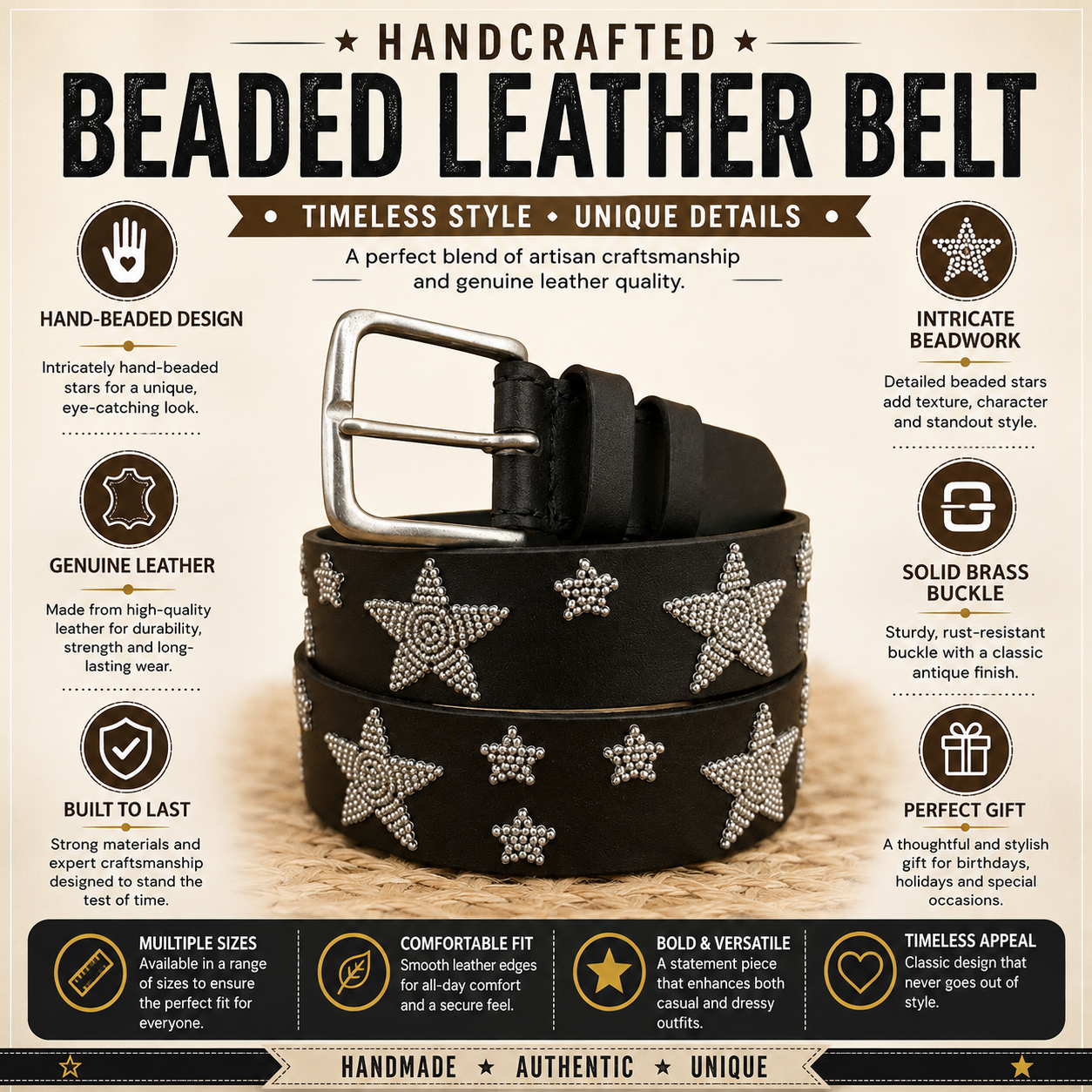 Handcrafted Maasai Belt - Silver Stars