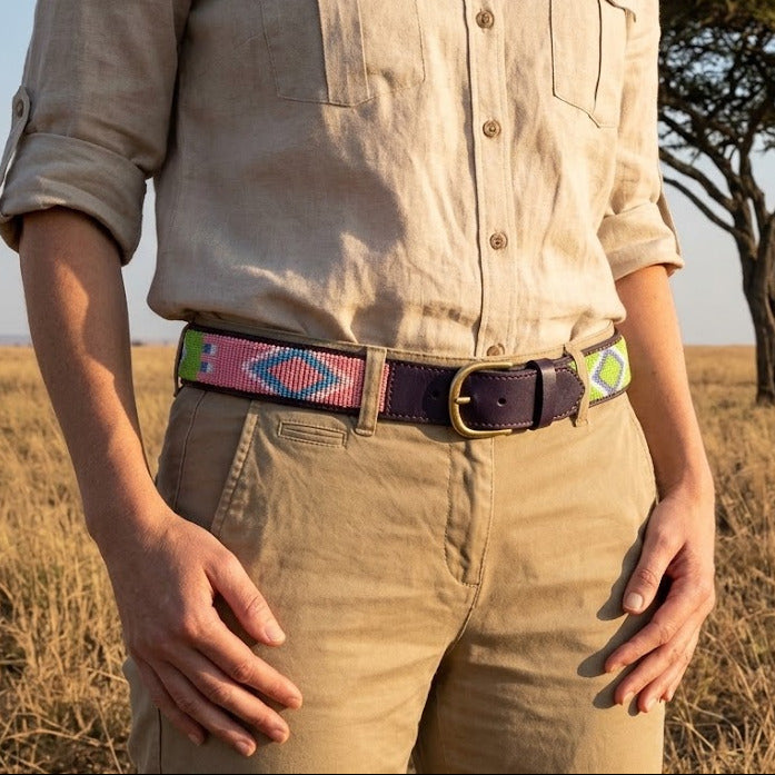 Handcrafted Maasai Belt - Pink Green Geometric