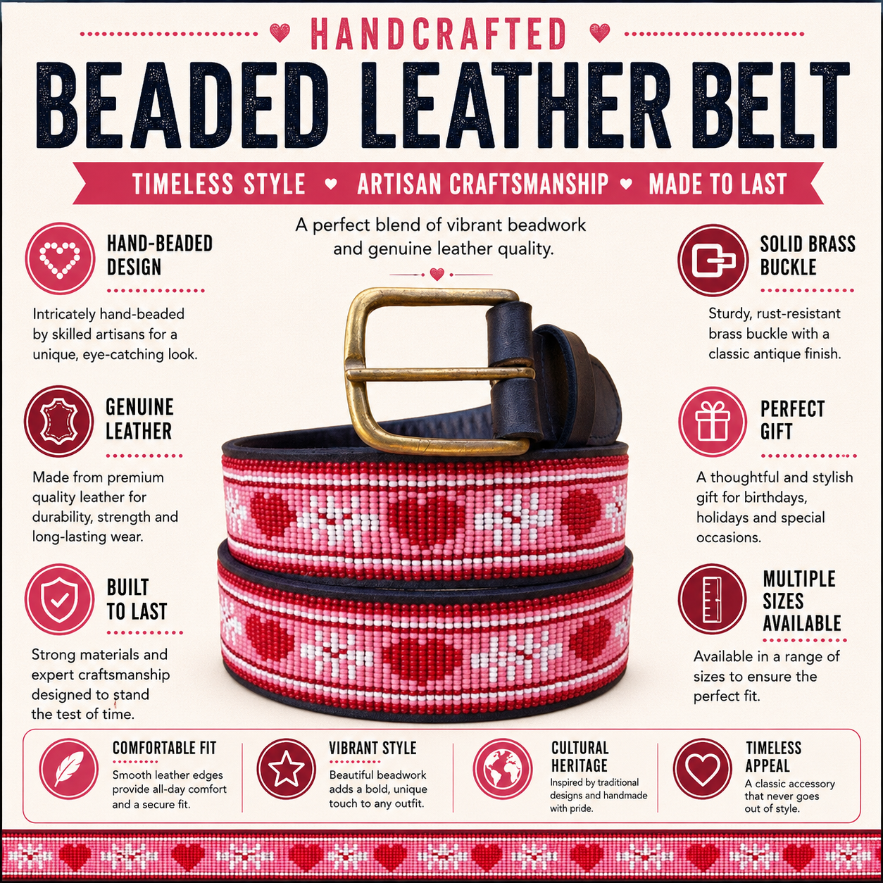 Handcrafted Maasai Belt - Pink Red Hearts