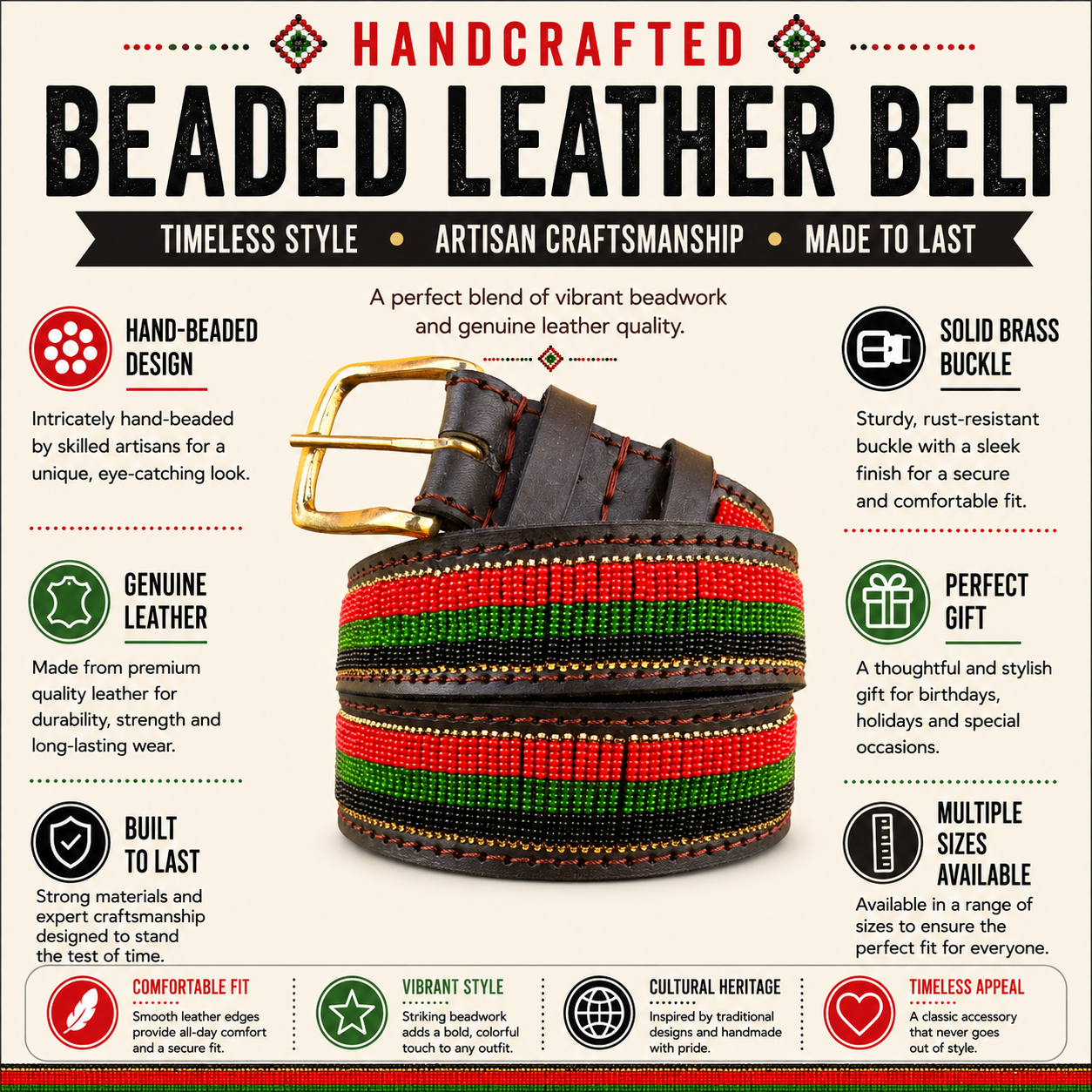 Handcrafted Maasai Belt - Red Gold Green