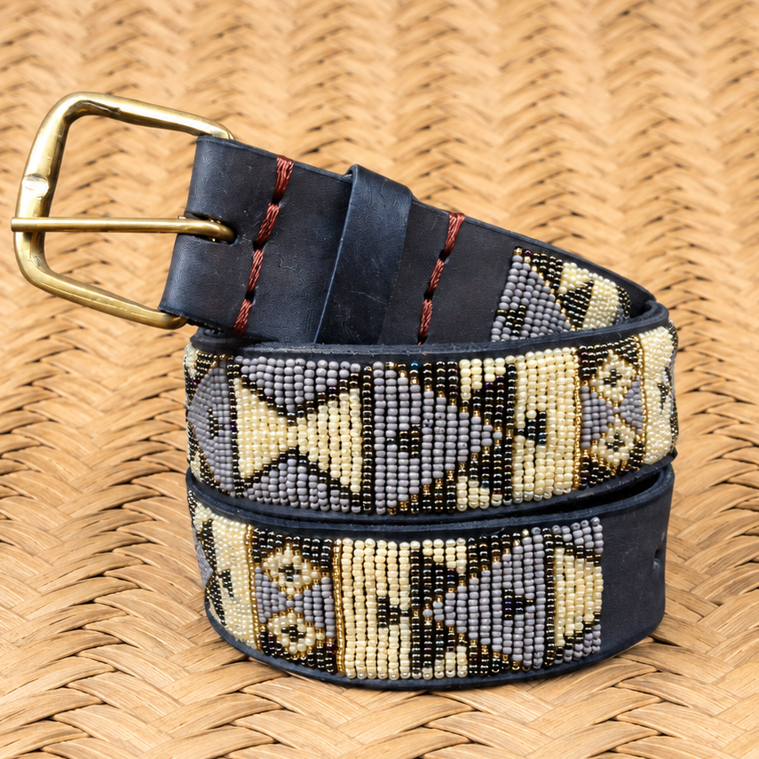 Handcrafted Maasai Belt - Beige Silver Geometric